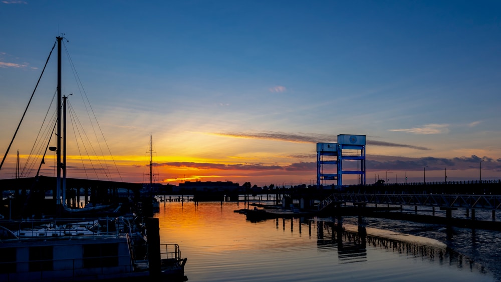Mare Island Bridge tower seen from the Vallejo, Ca. marina on a beautiful sunset evening